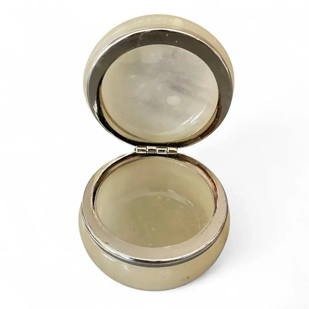 Vintage Alabaster Floral Trinket Box Round Hinged Vanity Pill Box Jewelry